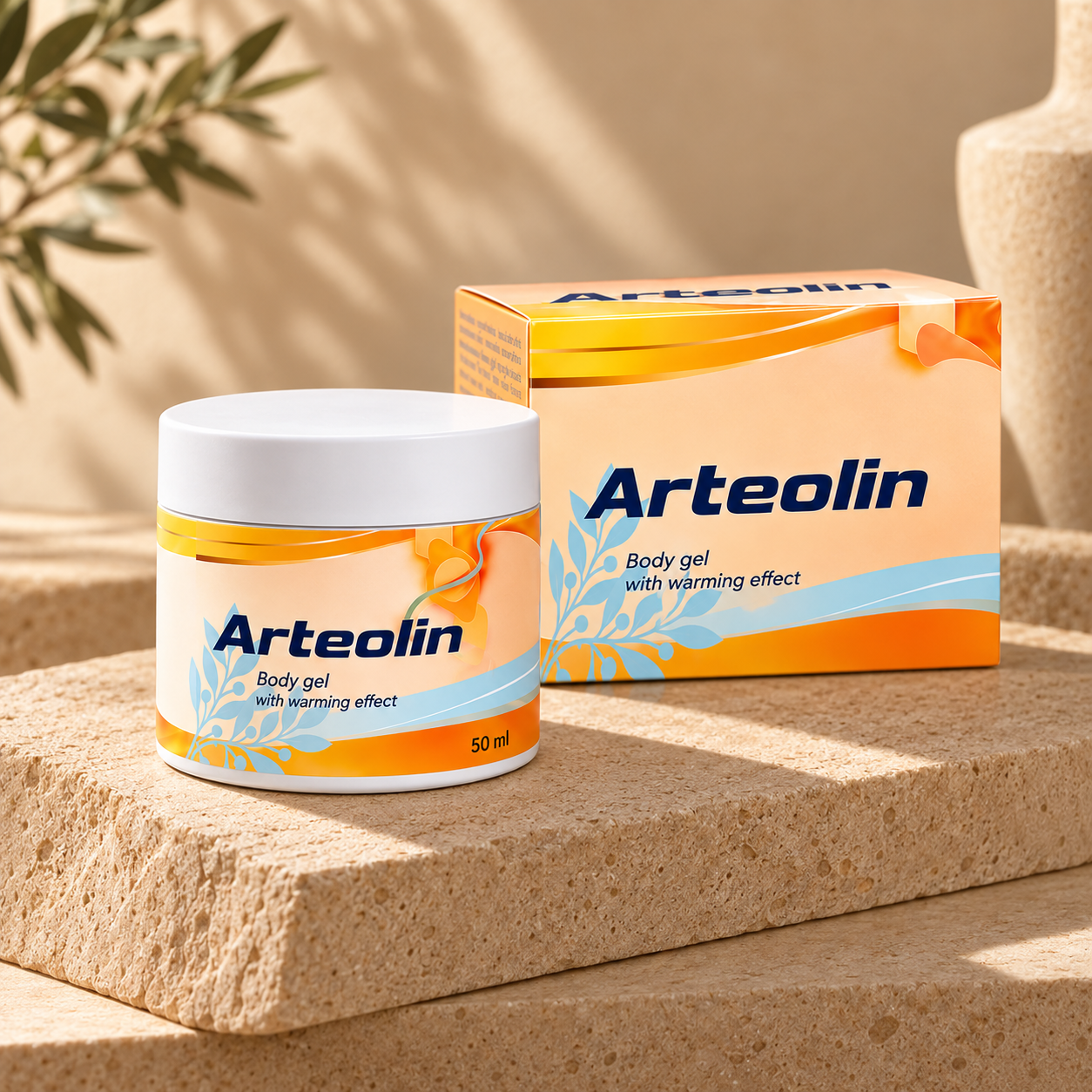 Borcanul Arteolin de 50 ml și cutia lui de carton, pe o treaptă de piatră deschisă la culoare